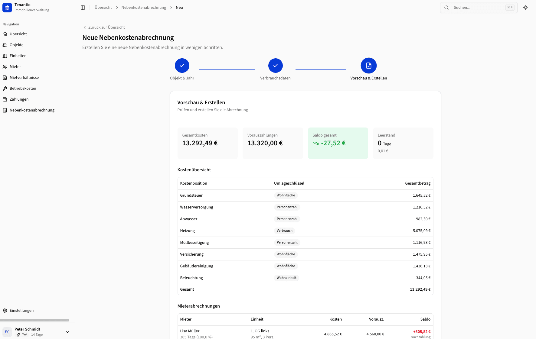 Nebenkostenabrechnung Screenshot